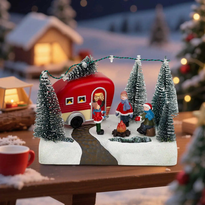 Figurine de Noël HolidayCamper | Scène de camping LED avec musique | Maison décorative de Noël avec enfants et feu de camp | Fonctionne sur piles