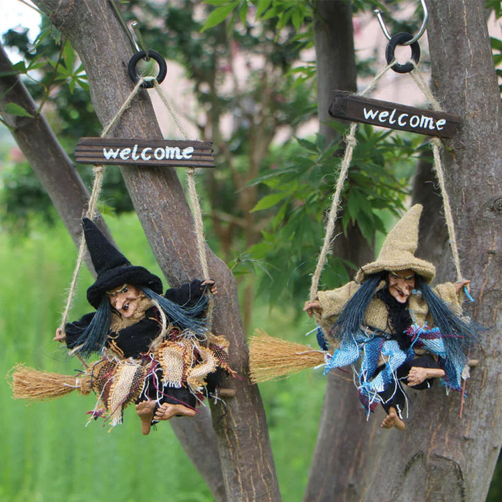 Décoration suspendue Halloween Sorcière de Minuit | 27 x 10 cm | Sorcière volante | Pour porte, mur & plafond