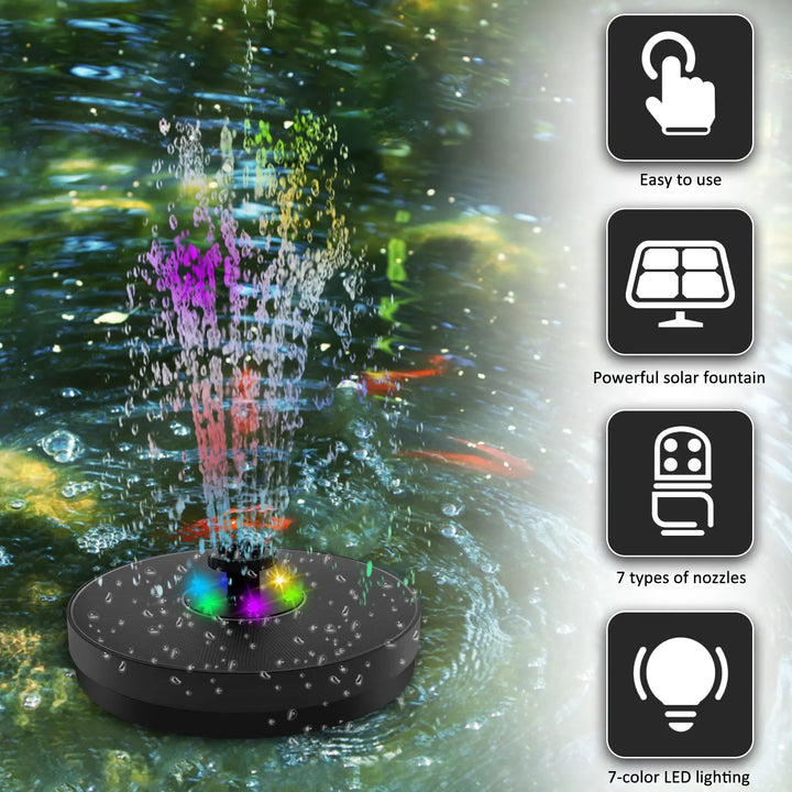 AquaLume Fontaine Solaire | Fontaine solaire 3W avec jeu de lumières LED | Jusqu'à 60 cm de hauteur de jet | 7 buses interchangeables