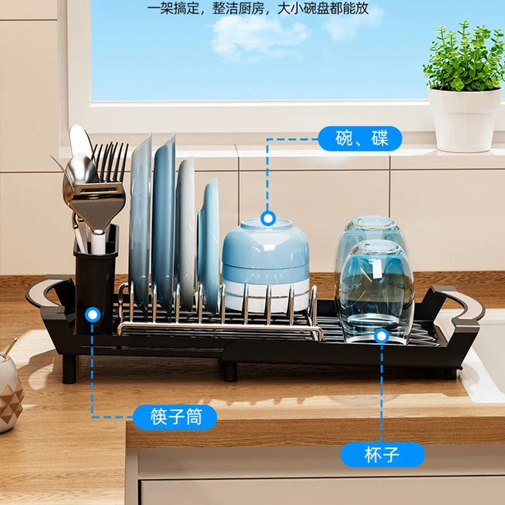 DryFlex Égouttoir télescopique | Extensible | Avec porte-couverts | Rangement de cuisine compact