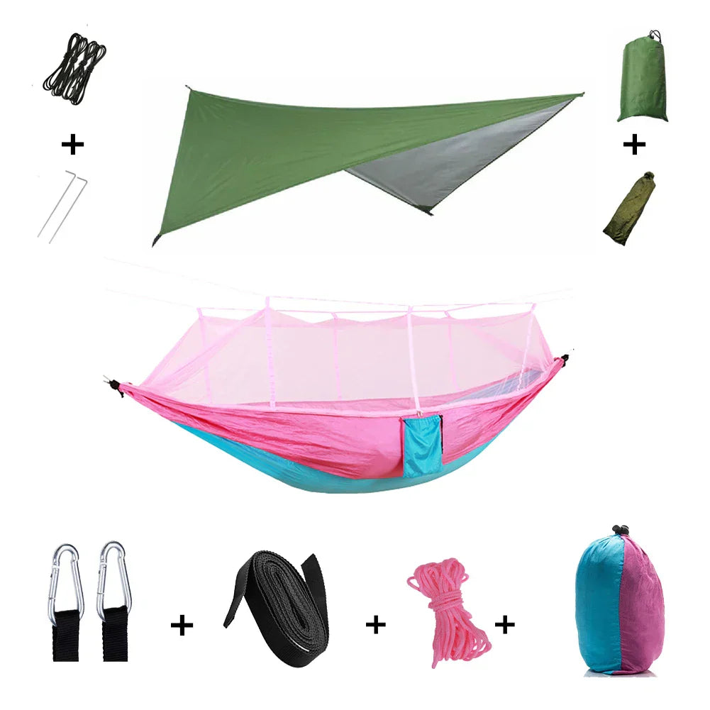 Trekviva Hamac de Camping | Filet anti-moustiques intégré & Tarp de pluie | Ultra léger & Résistant | Solution 3-en-1 pour l'extérieur