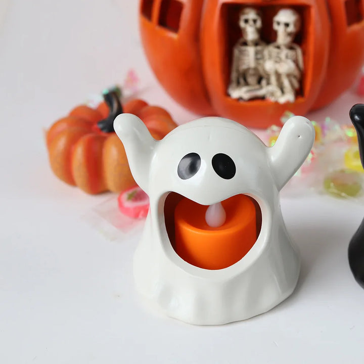 Lampe à bougie Halloween SpookyGlow | Lumière LED vacillante Blanc chaud | Fonctionne sur piles | Décoration pour maison, jardin & fête | 8×8 cm