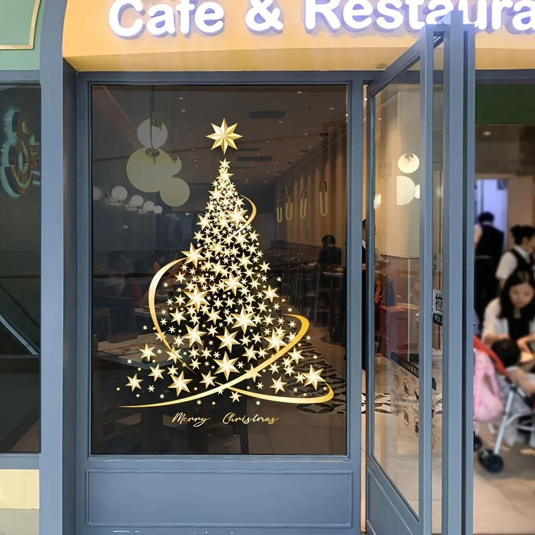 Autocollants de fenêtre GloriaTree | Set de 2 arbres de Noël dorés | Décoration PVC réutilisable pour verre et fenêtres