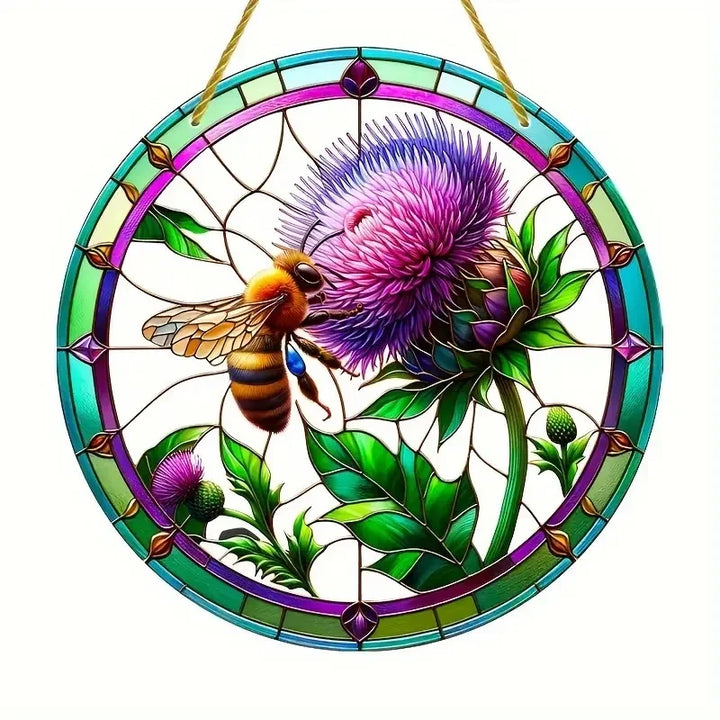 Attrape-Soleil ThistleLight | Décoration de fenêtre en acrylique ronde avec motif de chardon | 15–20 cm | Peint à la main & translucide