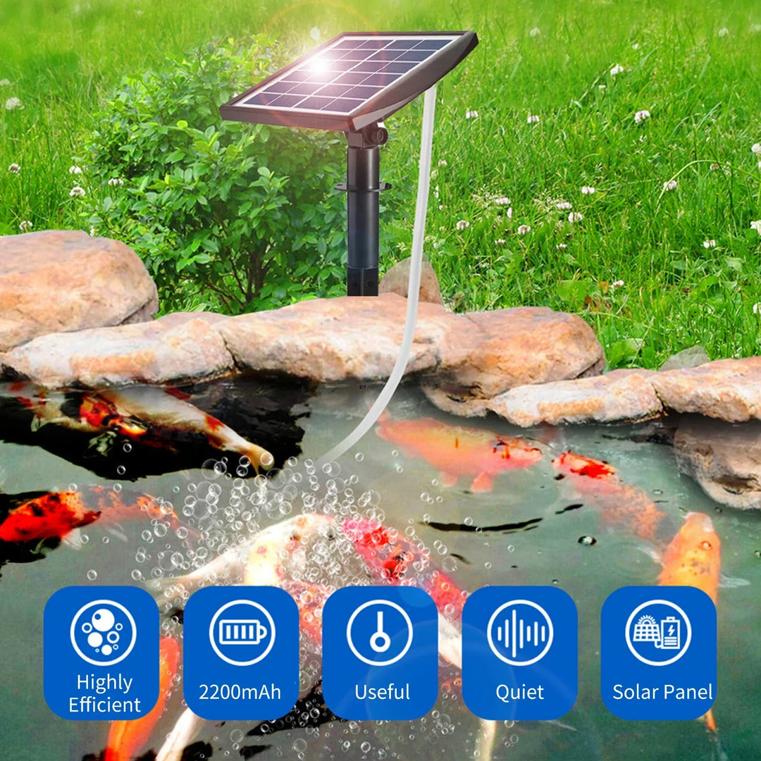 AquaSola Pompe à oxygène solaire avec batterie | 6V 2W | Pour étangs & aquariums | Inclus : 2 pierres à air & tuyau de 0,25 cm