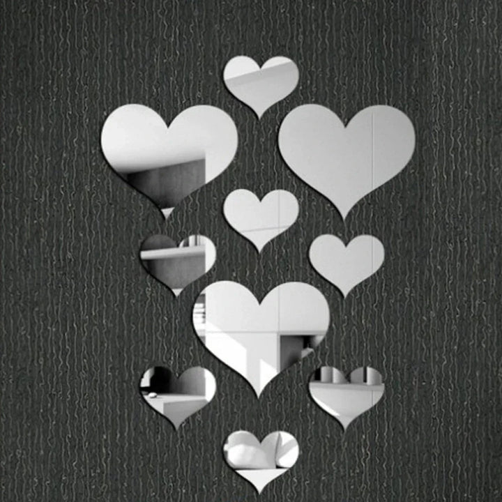 HeartMirro | Autocollant mural 3D en forme de cœur | Effet miroir or et argent | 10 pièces