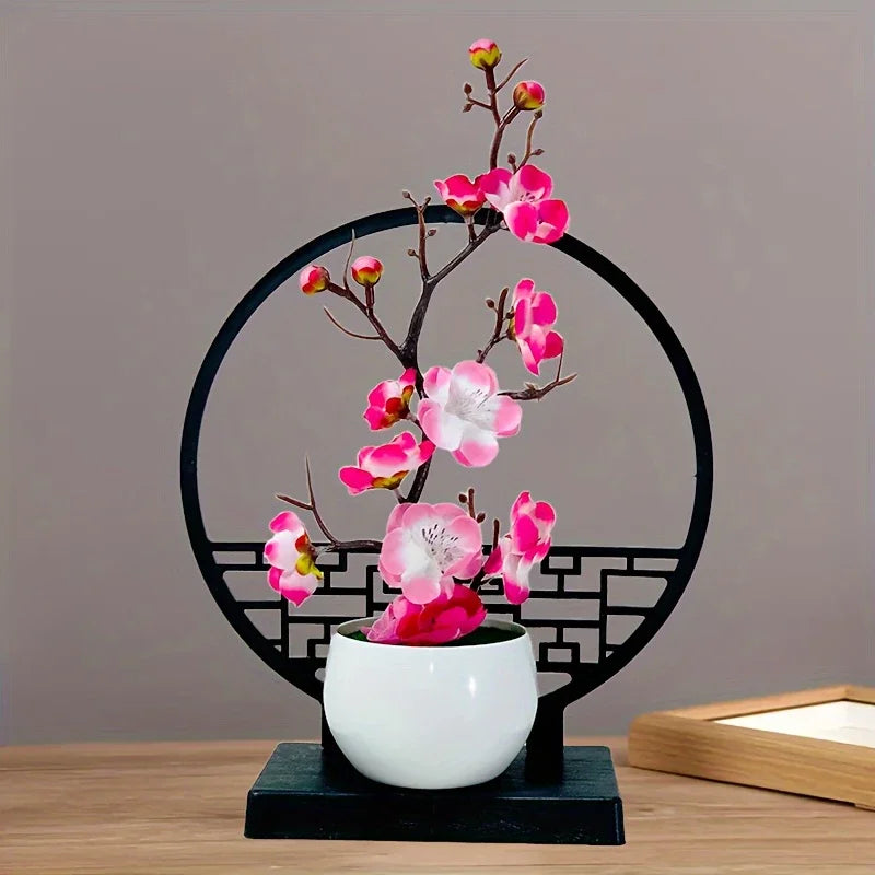 Kunst-Bonsai Prunus Élégance | Design de fleurs de prunier | Avec socle décoratif en paravent | 32 cm décoration de table