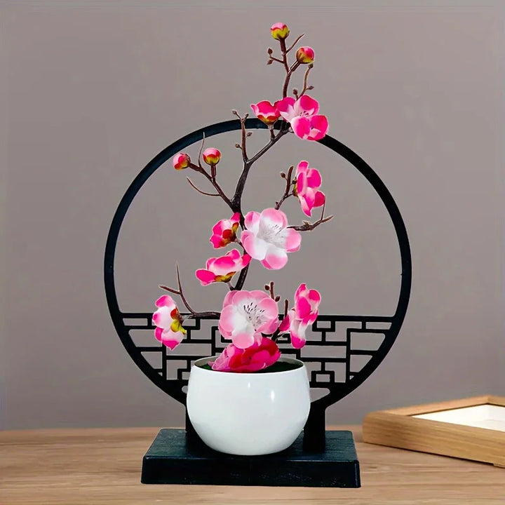 Kunst-Bonsai Prunus Élégance | Design de fleurs de prunier | Avec socle décoratif en paravent | 32 cm décoration de table