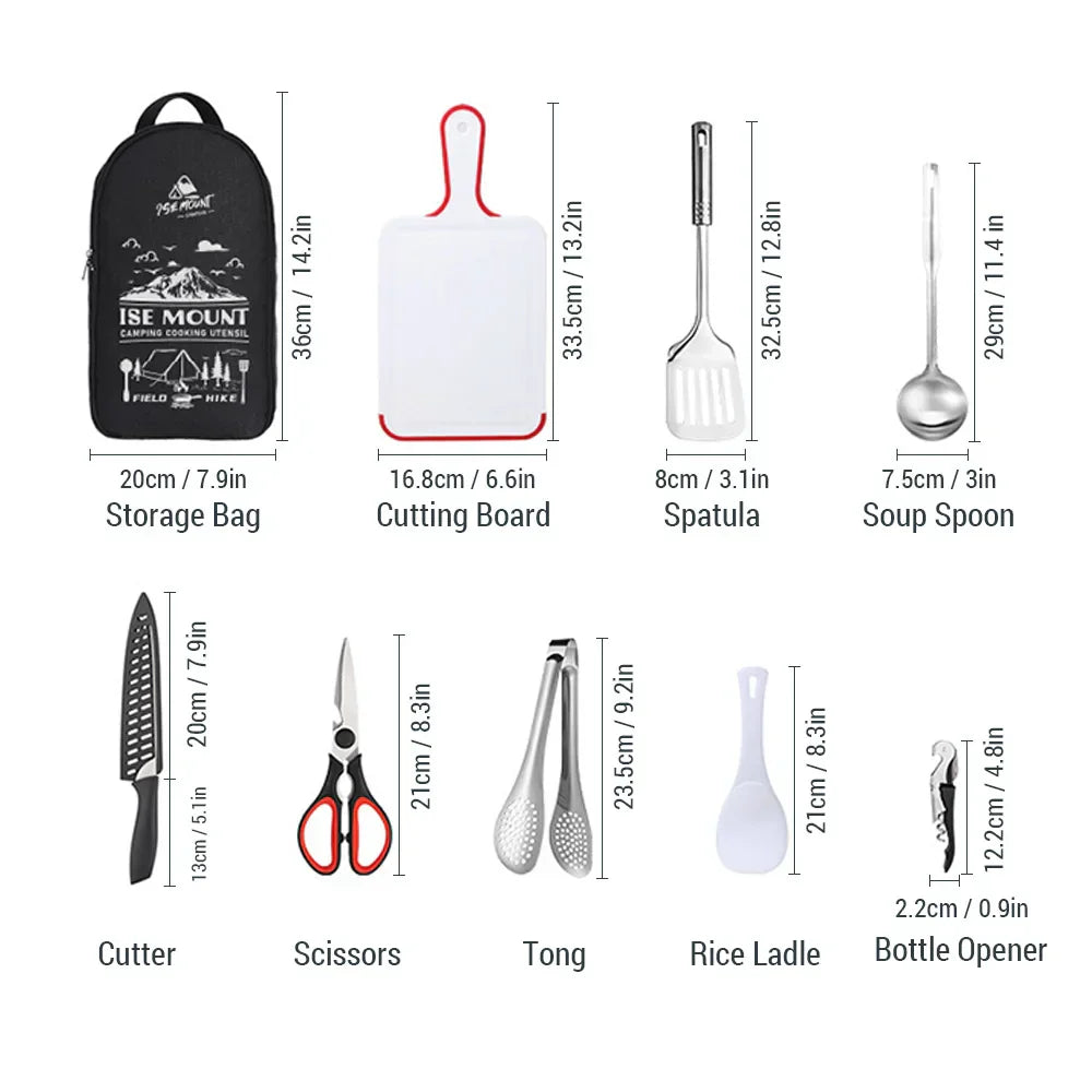 TerraChef AdventureKit Ensemble de cuisine de camping 9 pièces | Inclus : sac de rangement | Accessoires de cuisine en acier inoxydable pour l'extérieur | Pour le camping, la randonnée et le barbecue
