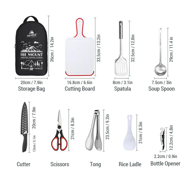 TerraChef AdventureKit Ensemble de cuisine de camping 9 pièces | Inclus : sac de rangement | Accessoires de cuisine en acier inoxydable pour l'extérieur | Pour le camping, la randonnée et le barbecue