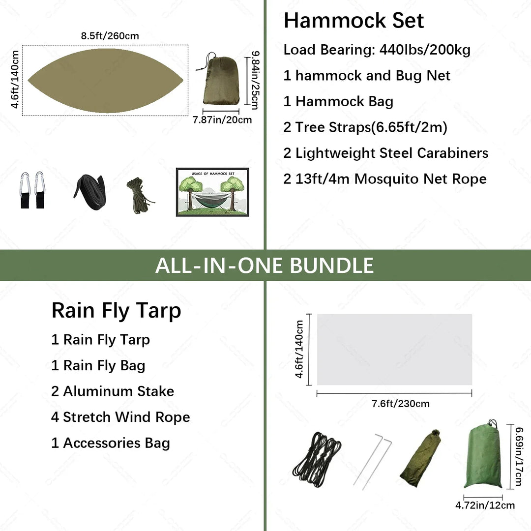 Trekviva Hamac de Camping | Filet anti-moustiques intégré & Tarp de pluie | Ultra léger & Résistant | Solution 3-en-1 pour l'extérieur