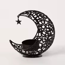 Support de bougie Lune & Étoiles | Métal Noir-Doré | Moderne & Romantique | 10,5 x 9,8 cm