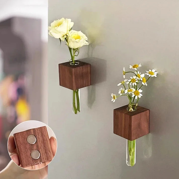 MagnaVase | Vase à tubes à essai magnétique en bois | Décoration créative pour la maison | Fait main & Stylé