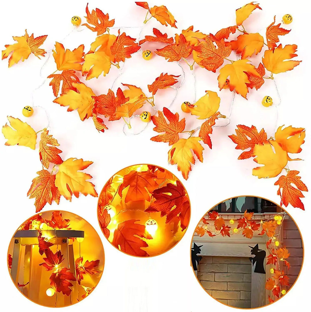 Guirlande d'automne AutumnGlow | 1,5 m | Décoration feuilles d'érable & citrouilles | 5 LED Blanc chaud