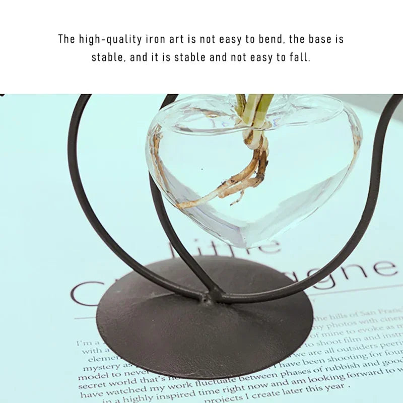 Felora | Vase en verre en forme de cœur pour hydroponie avec support pour chat | Fer forgé fait main & verre borosilicaté