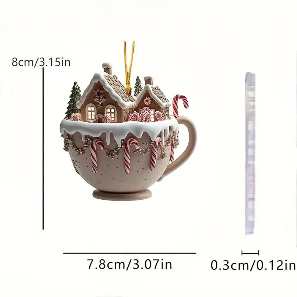 FestivaBrew Décoration de Noël | Ornement en acrylique Tasse à café avec motif d'hiver | Décoration de sapin de Noël durable | 8 × 7 cm