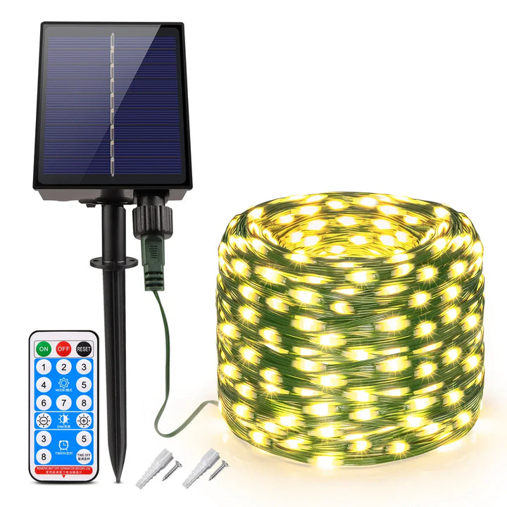 Guirlande lumineuse solaire 100M LumiSol ProLine | 8 modes | IP65 étanche | LEDs extra brillantes | Télécommande & Charge rapide | Pour jardin, mariage & Noël
