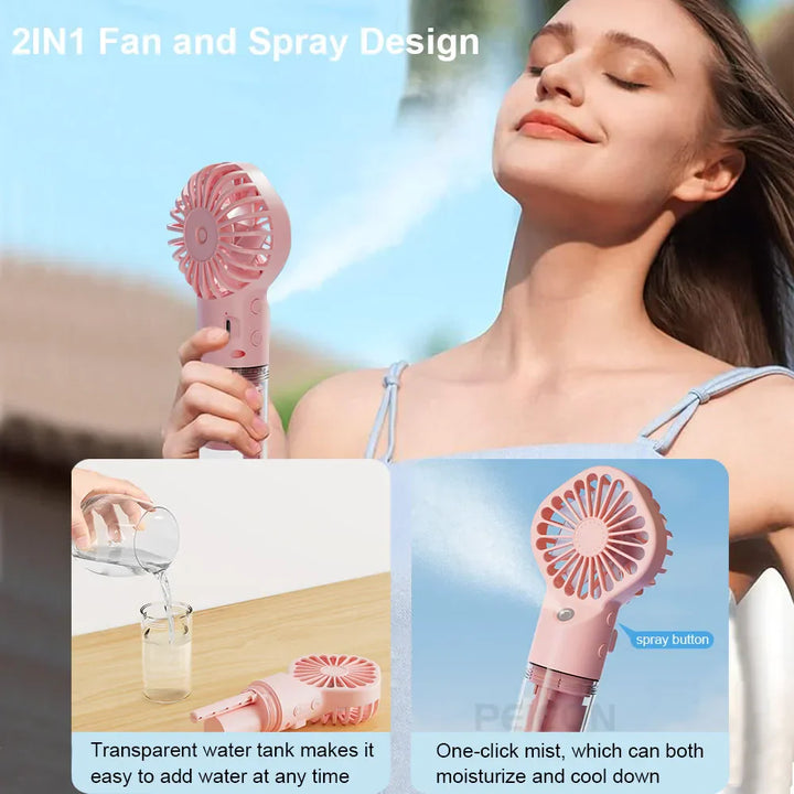 Brisella Air Mini Ventilateur Manuel avec Humidificateur | Fonction de Brumisation à 4 Niveaux | Rechargeable par USB | Portable & Silencieux