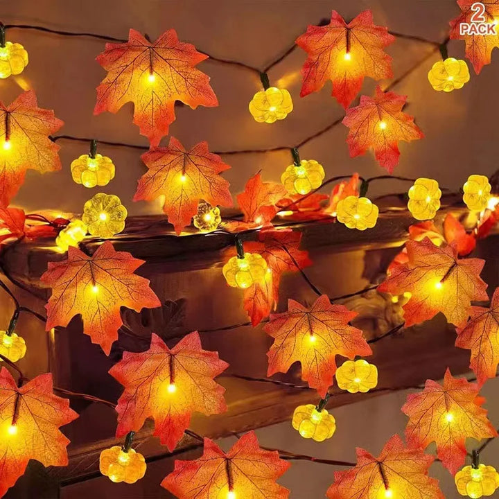 Guirlande d'automne AutumnGlow | 1,5 m | Décoration feuilles d'érable & citrouilles | 5 LED Blanc chaud