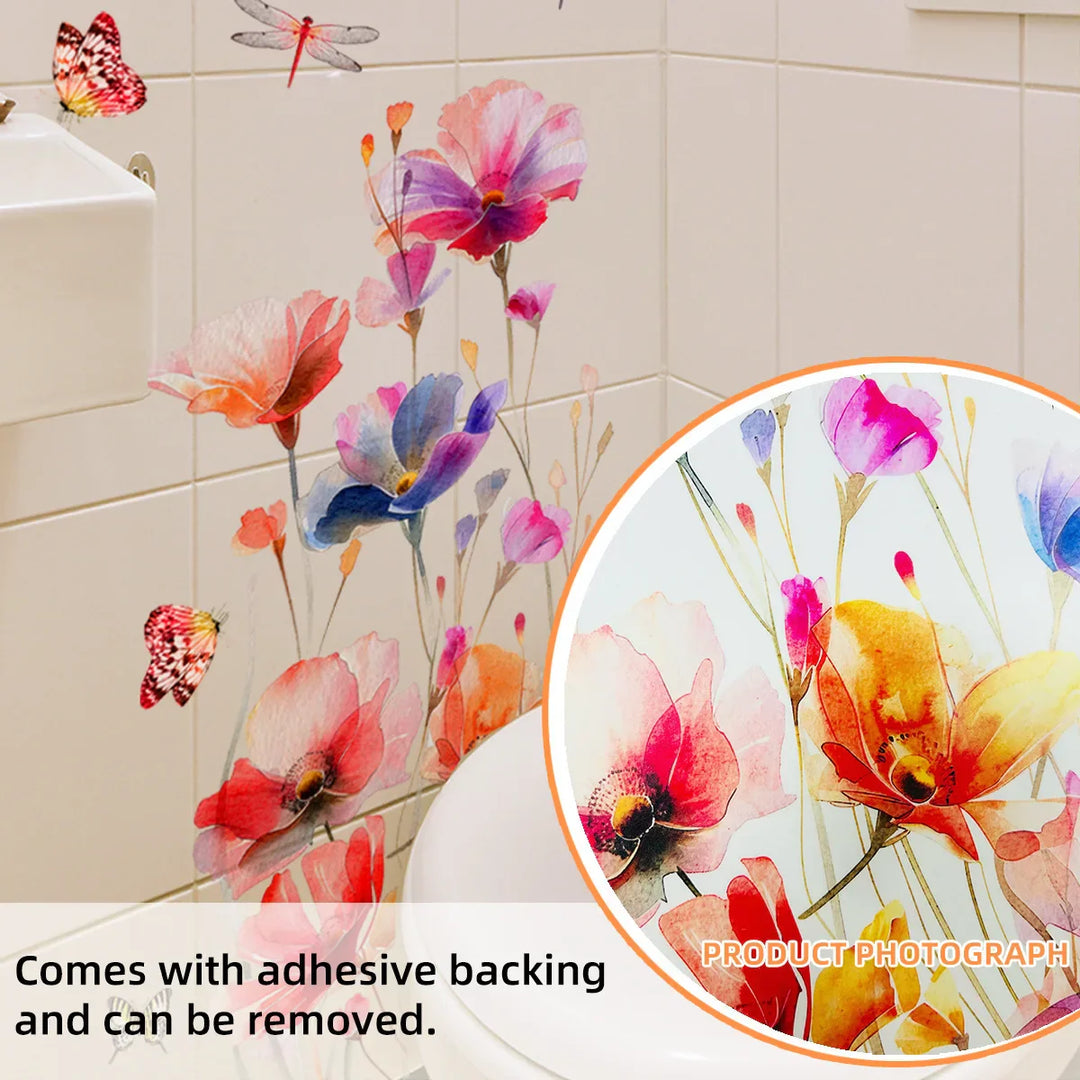 Autocollant mural Lunaflora | Fleurs aquarelle & papillons | Amovible & étanche | PVC 42×50 cm