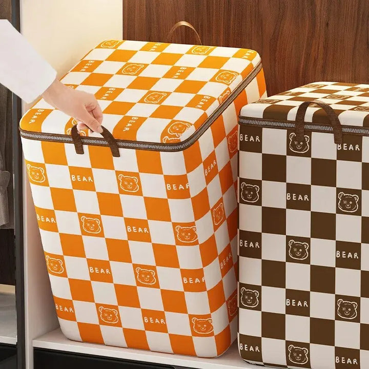 Sac de rangement Bearilo avec motif d'ours | Grande capacité pour couvertures, vêtements & déménagement | Pliable & portable | Orange/Marron