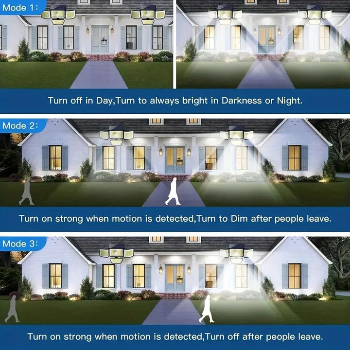 Projecteur de sécurité solaire LumiWacht 300° | 4 têtes | 3000 lumens | Détecteur de mouvement & mode dimmable | Étanche IP65