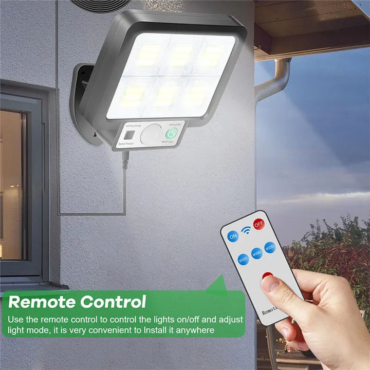 LumoVolt Lumière Solaire avec Détecteur de Mouvement | 72 LED COB | Télécommande & Câble de Panneau Solaire de 5 m | 3 Modes | Résistant aux Intempéries IP65