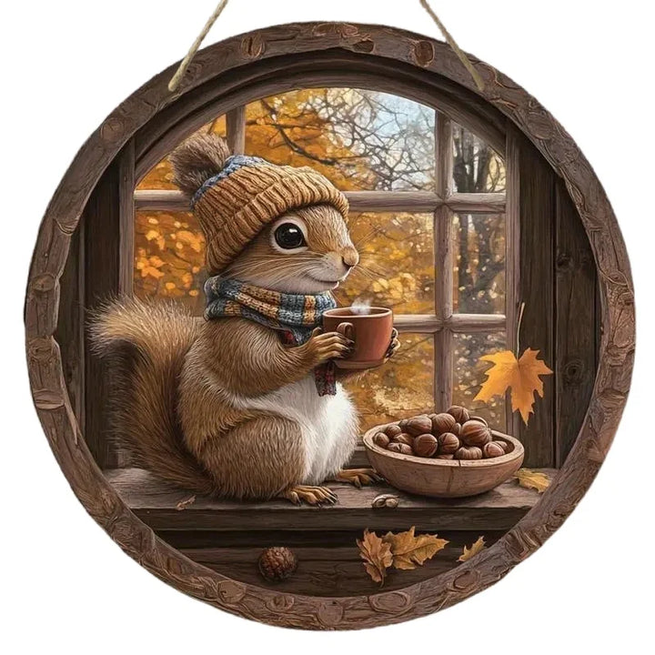Panneau en bois AutumnTail | Panneau de bienvenue rond avec motif d'écureuil | 20–30 cm | Décoration d'automne et d'hiver faite à la main