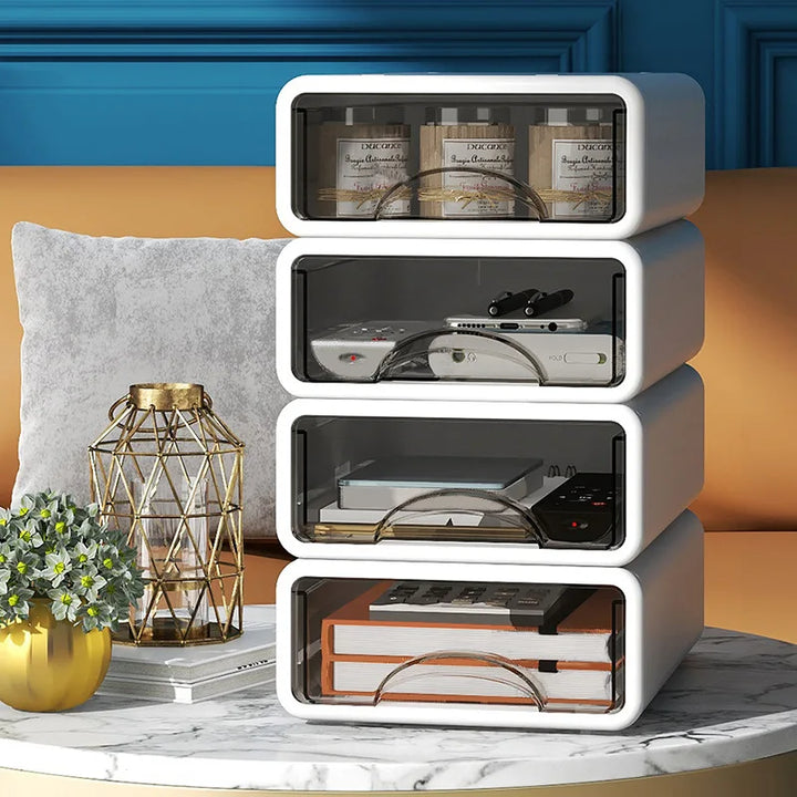 ClaryBox Boîte de rangement avec tiroir | Empilable & Étanche à la poussière | Pour bureau, cosmétique, bijoux & médicaments | Blanc | Taille S/L