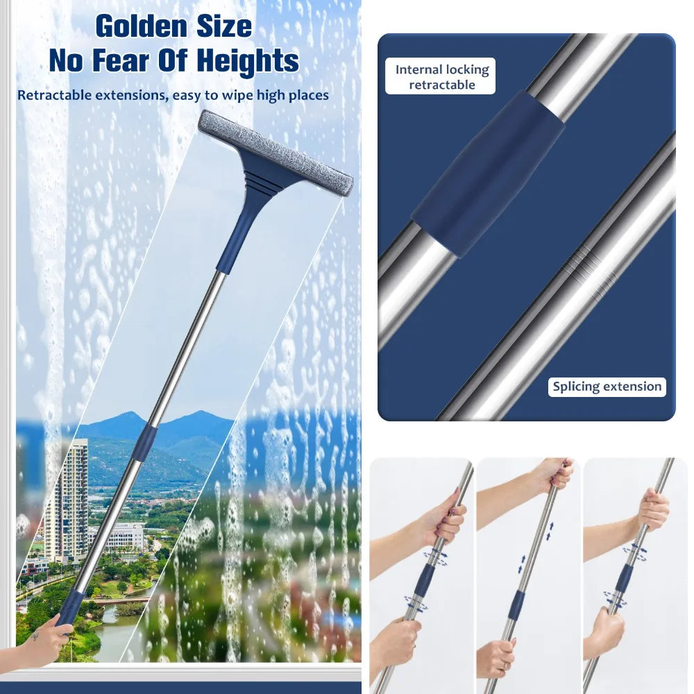 FensterFlex Nettoyeur de fenêtres 2-en-1 | Manche télescopique réglable | Raclette & Mop en microfibre | Pour fenêtres, verre & cadres