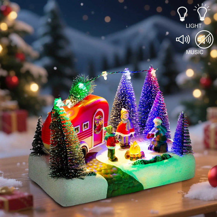 Figurine de Noël HolidayCamper | Scène de camping LED avec musique | Maison décorative de Noël avec enfants et feu de camp | Fonctionne sur piles