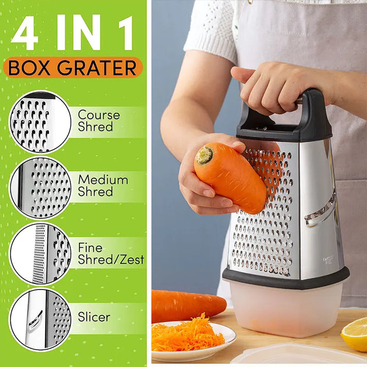 Gratello Râpe de cuisine 4-en-1 avec récipient et couvercle | Acier inoxydable & base antidérapante | Pour fromage, légumes, agrumes & plus | 22 × 11 × 9 cm