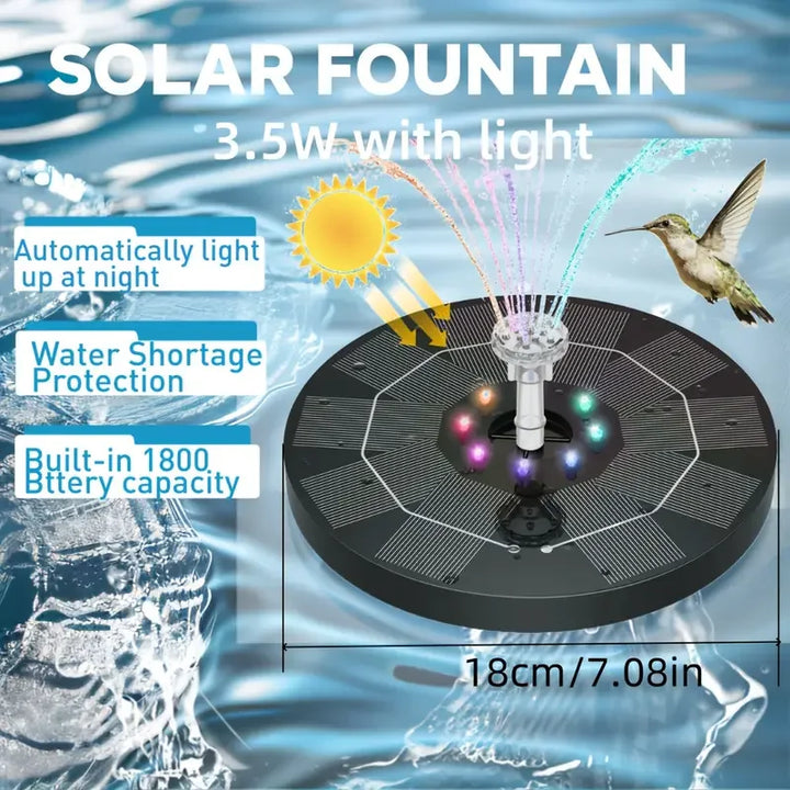 Fontaine Solaire LumiFonte 3.5W | Avec LED RGB & 6 buses | Batterie 1500 mAh & Système de filtration | Pour bain d'oiseaux, étang & jardin