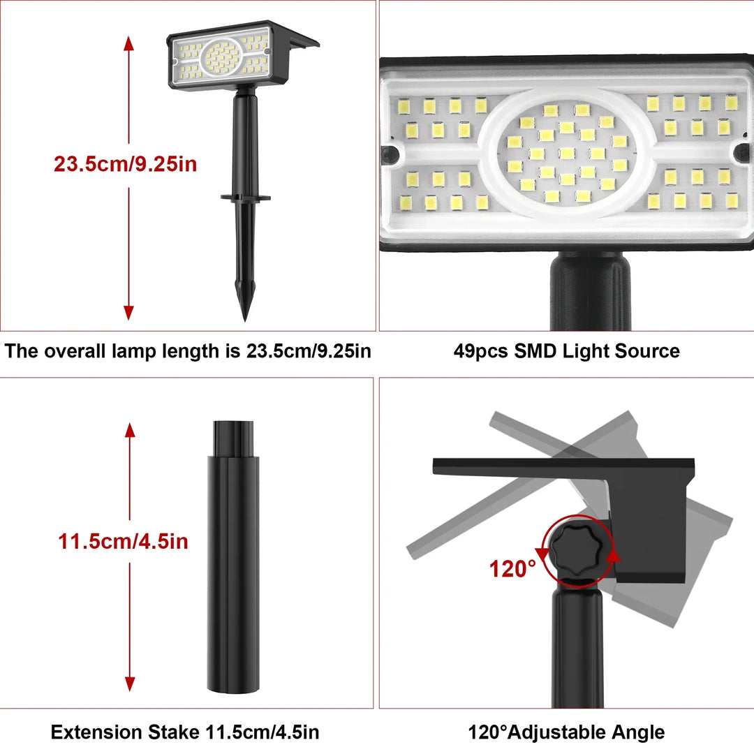 Solara LED Projecteur Solaire | 4 Couleurs de Lumière | 49 LEDs | Étanche IP65 | Économique avec Panneau Solaire