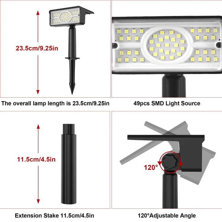Solara LED Projecteur Solaire | 4 Couleurs de Lumière | 49 LEDs | Étanche IP65 | Économique avec Panneau Solaire