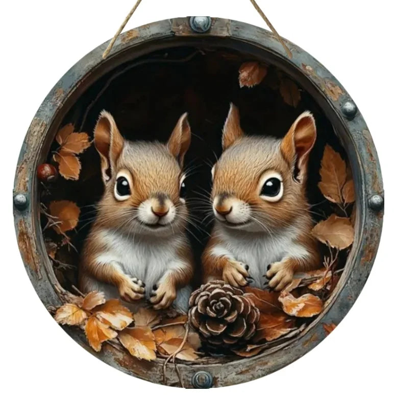 Panneau en bois AutumnTail | Panneau de bienvenue rond avec motif d'écureuil | 20–30 cm | Décoration d'automne et d'hiver faite à la main