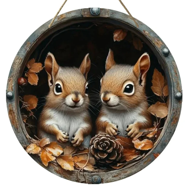 Panneau en bois AutumnTail | Panneau de bienvenue rond avec motif d'écureuil | 20–30 cm | Décoration d'automne et d'hiver faite à la main