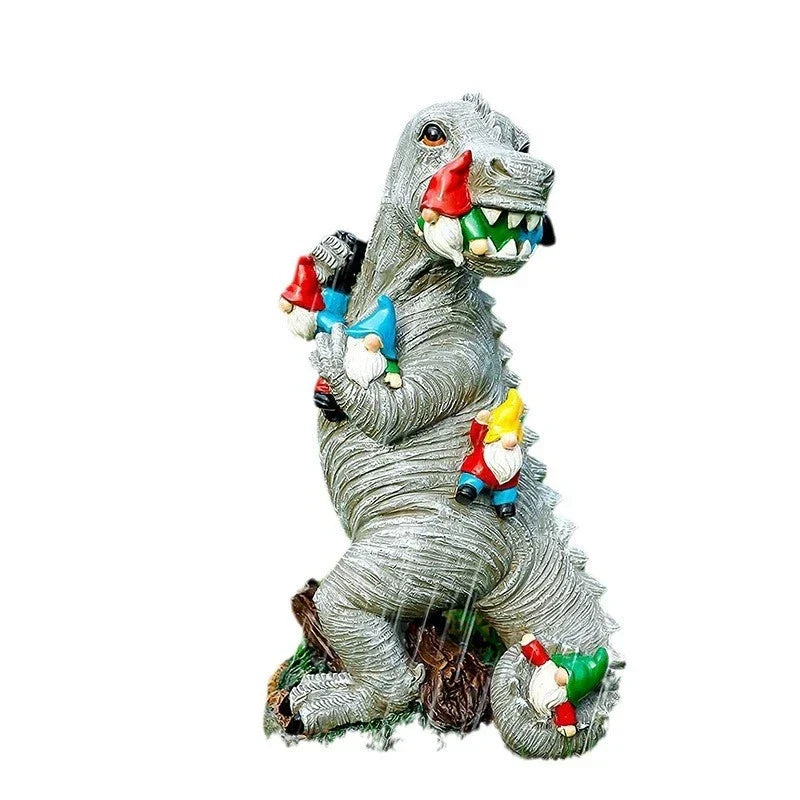 DinoCharm | Statue Dino & Nain de Jardin | Décoration de Jardin Amusante | Figurine en Résine pour Décoration Intérieure & Extérieure