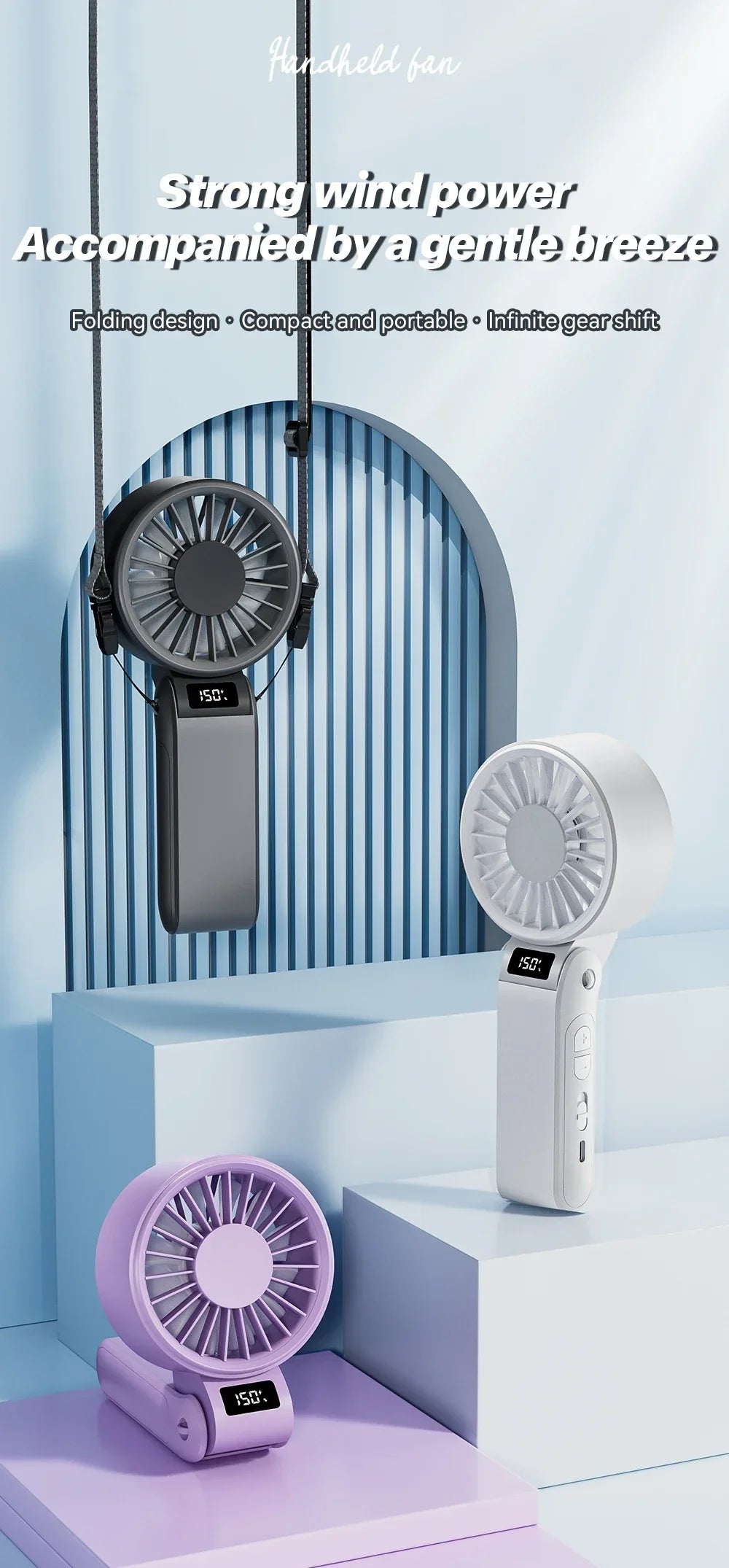 ZephyrAir Ventilateur pliable silencieux | Rechargeable par USB 3000 mAh | Mini ventilateur à main avec 3 couleurs de lumière et affichage de l'air