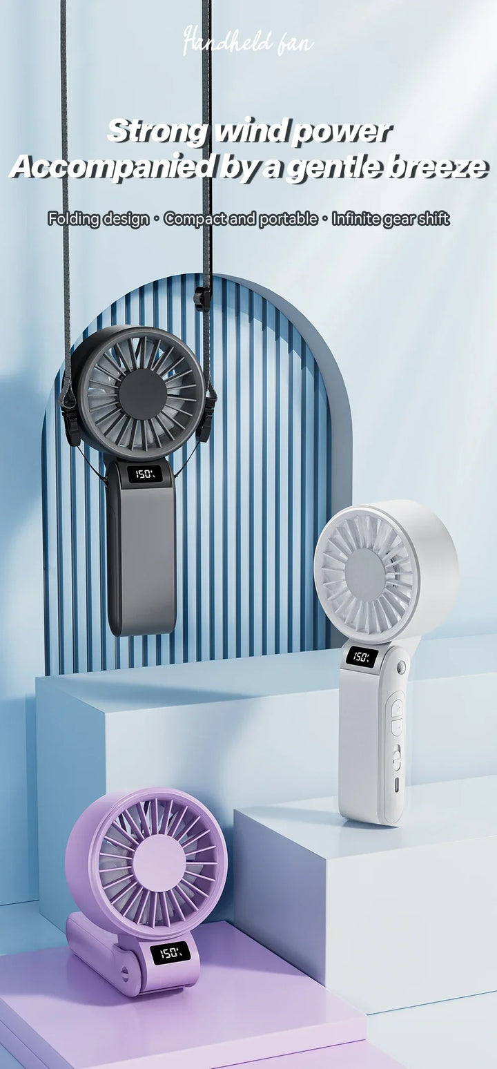 ZephyrAir Ventilateur pliable silencieux | Rechargeable par USB 3000 mAh | Mini ventilateur à main avec 3 couleurs de lumière et affichage de l'air