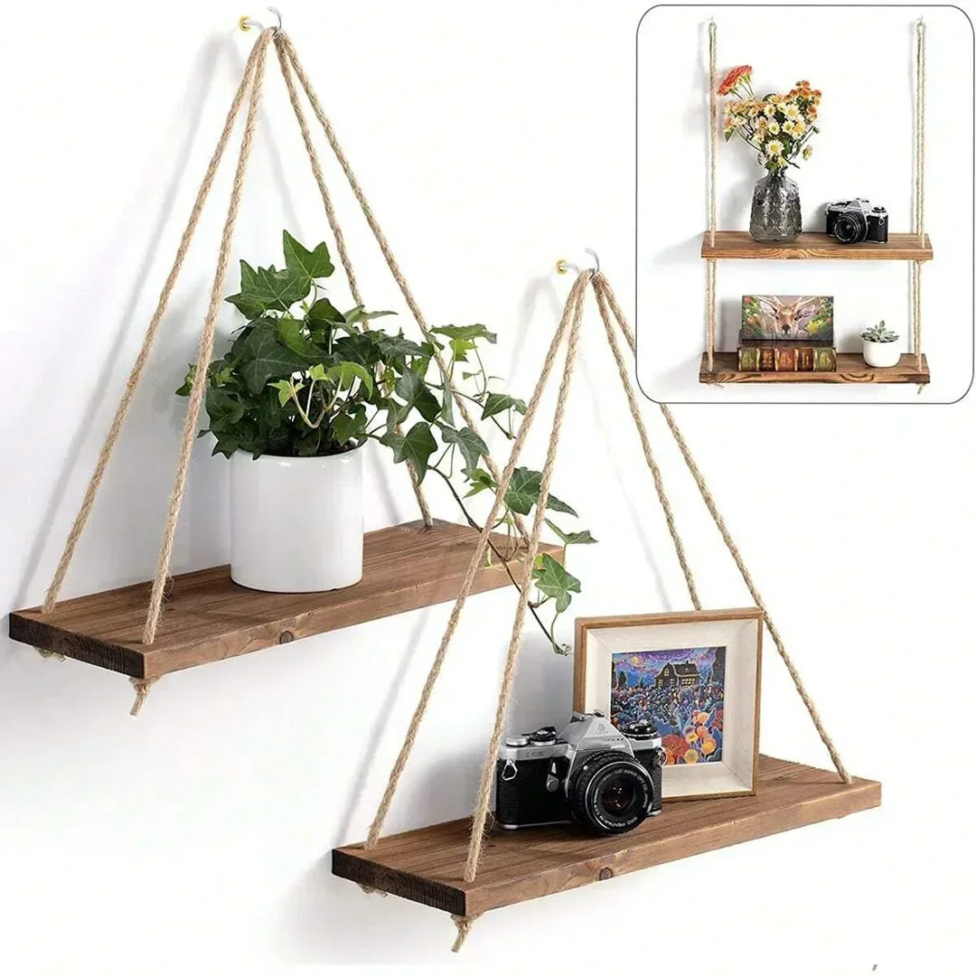 Étagère murale Boho MAKRAVA | Macramé fait à la main | 35×40 cm | Bois & Design naturel