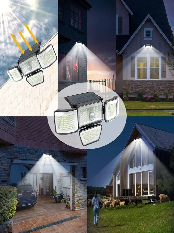 Projecteur de sécurité solaire LumiWacht 300° | 4 têtes | 3000 lumens | Détecteur de mouvement & mode dimmable | Étanche IP65