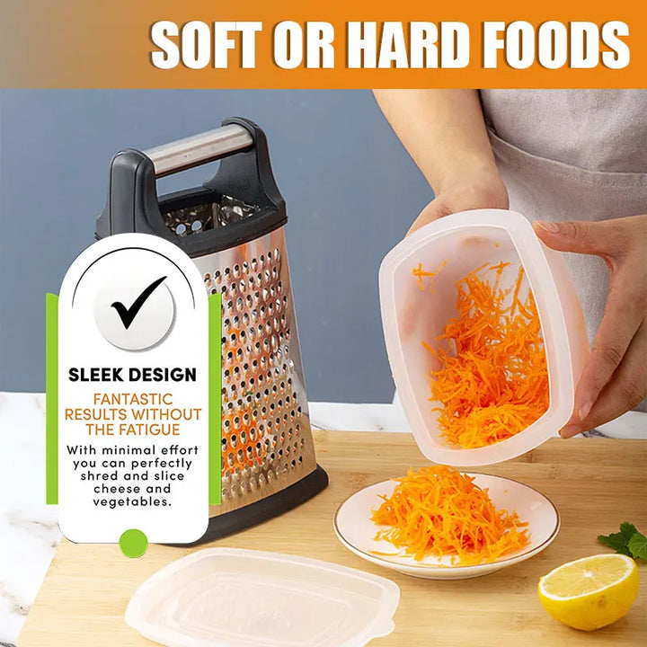 Gratello Râpe de cuisine 4-en-1 avec récipient et couvercle | Acier inoxydable & base antidérapante | Pour fromage, légumes, agrumes & plus | 22 × 11 × 9 cm