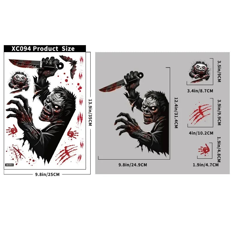 Autocollants de fenêtre HorrorPumpkins | Ensemble d'autocollants Halloween | Citrouille, crâne, empreintes de mains ensanglantées & chauves-souris | Réutilisables
