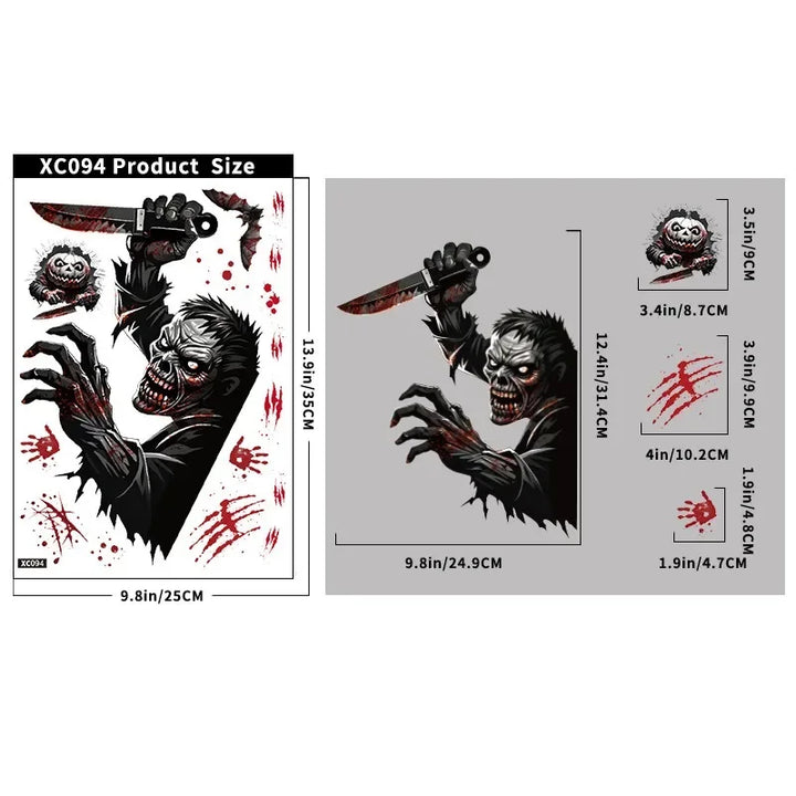 Autocollants de fenêtre HorrorPumpkins | Ensemble d'autocollants Halloween | Citrouille, crâne, empreintes de mains ensanglantées & chauves-souris | Réutilisables