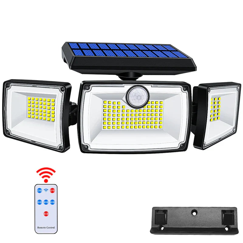 SecuSolar MaxView 167 Projecteur solaire de sécurité 167 LEDs | 3 têtes orientables | Détecteur de mouvement & 3 modes d'éclairage | Étanche IP65 | 2200 Lumens