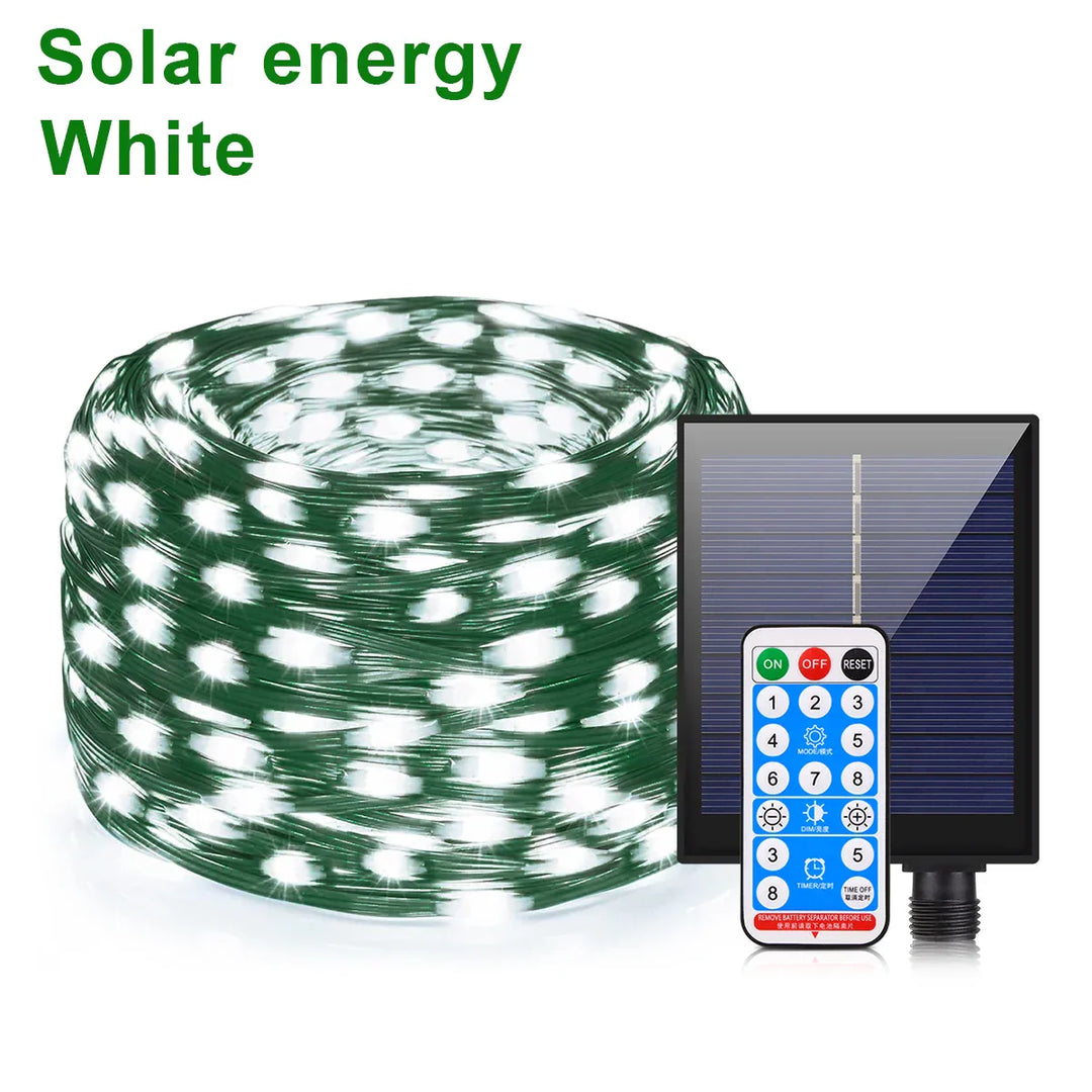 Guirlande lumineuse solaire 100M LumiSol ProLine | 8 modes | IP65 étanche | LEDs extra brillantes | Télécommande & Charge rapide | Pour jardin, mariage & Noël
