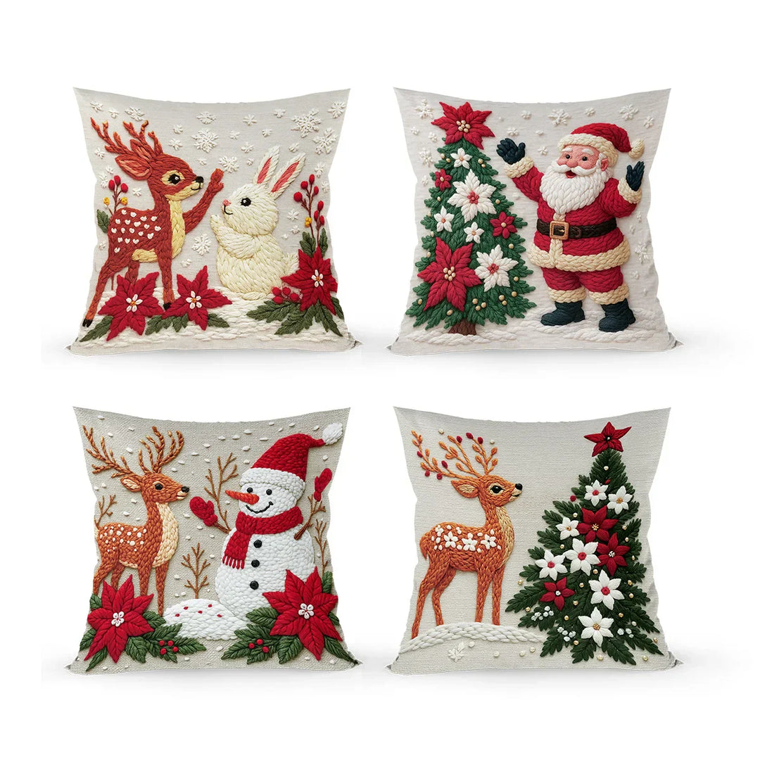 Ensemble de Housses de Coussin de Noël (4 pièces) | Décoration Festive pour la Maison | Coton Doux | 45x45 cm