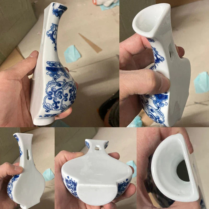 Aurevia | Vase mural en céramique | Bleu-Blanc design antique | Classique & Moderne