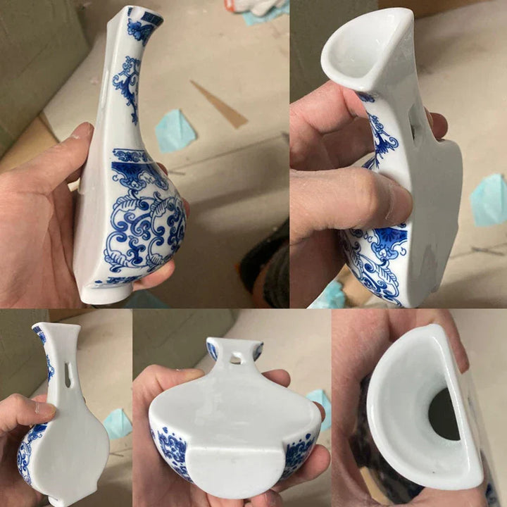 Aurevia | Vase mural en céramique | Bleu-Blanc design antique | Classique & Moderne
